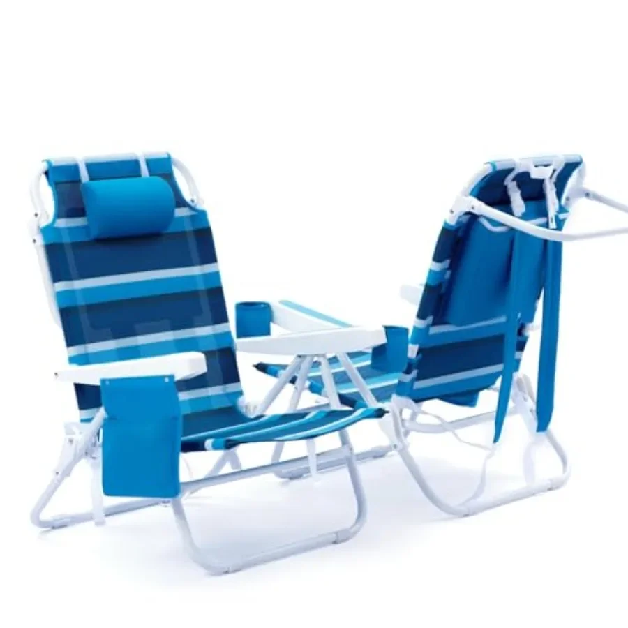 Beach Chair 2 Pack, Mesh Fabric, Blue And Gray, 5-Position Folding Reclining Design With Backpack Straps, Cooler Bag And Cup Ho