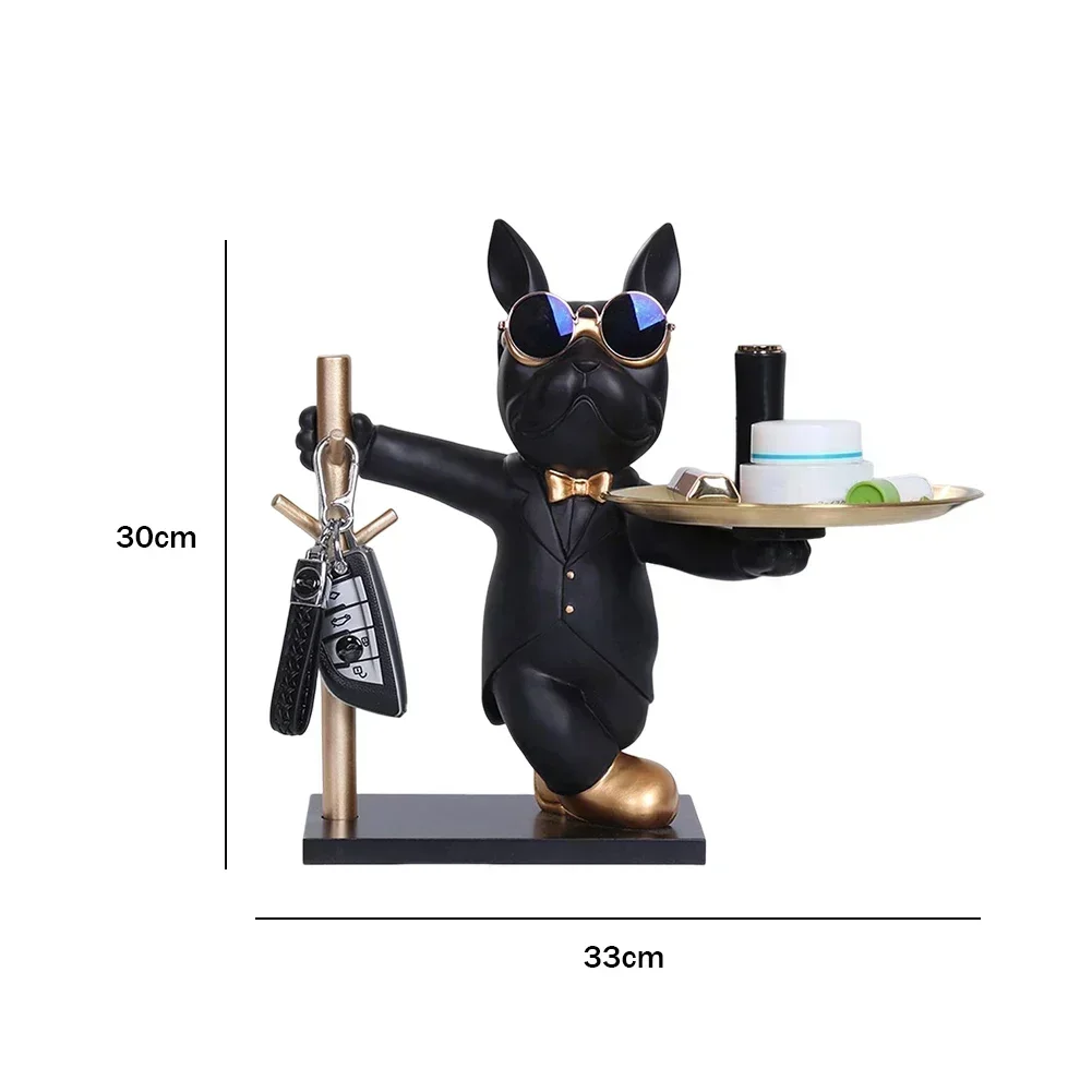 French Bulldog Sculpture Decoration Dog Figure Resin Statue Decor Decorative Figurine Storage Metal Tray Entrance Key Holder