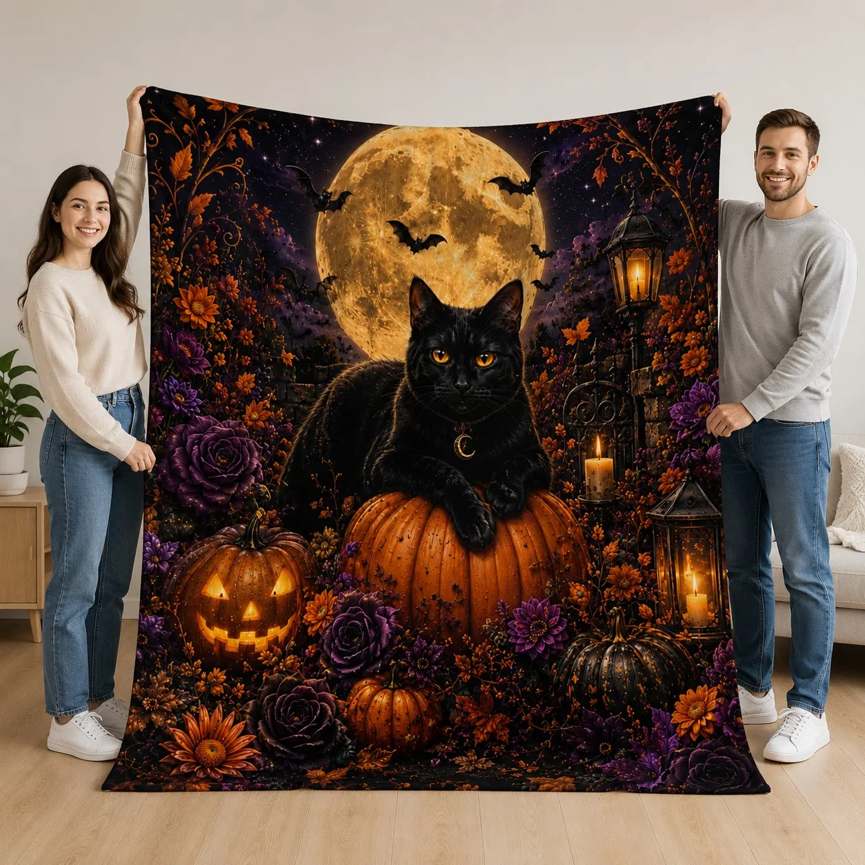 Purple Background Skull Red Rose Crow Pumpkin Halloween Flannel Throw Blanket, Gothic Spooky Holiday Blanket for Bedroom Decor
