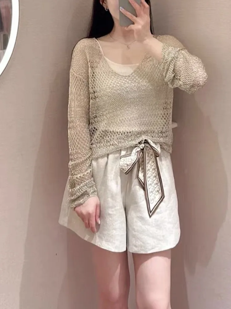 

Высококачественная версия, вязаный топ Lace Me, женский ажурный летний сенсорный длинный све, круглый комплект из двух предметов Ne