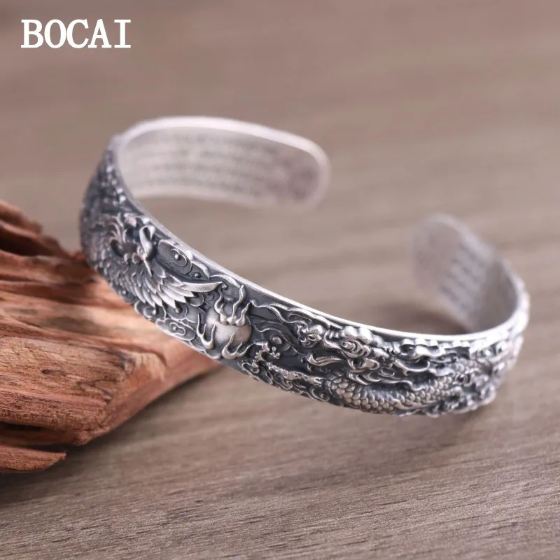 

BOCAI New S999 Sterling Silver Retro Open Auspicious Domineering Three-dimensional Embossed Bracelets