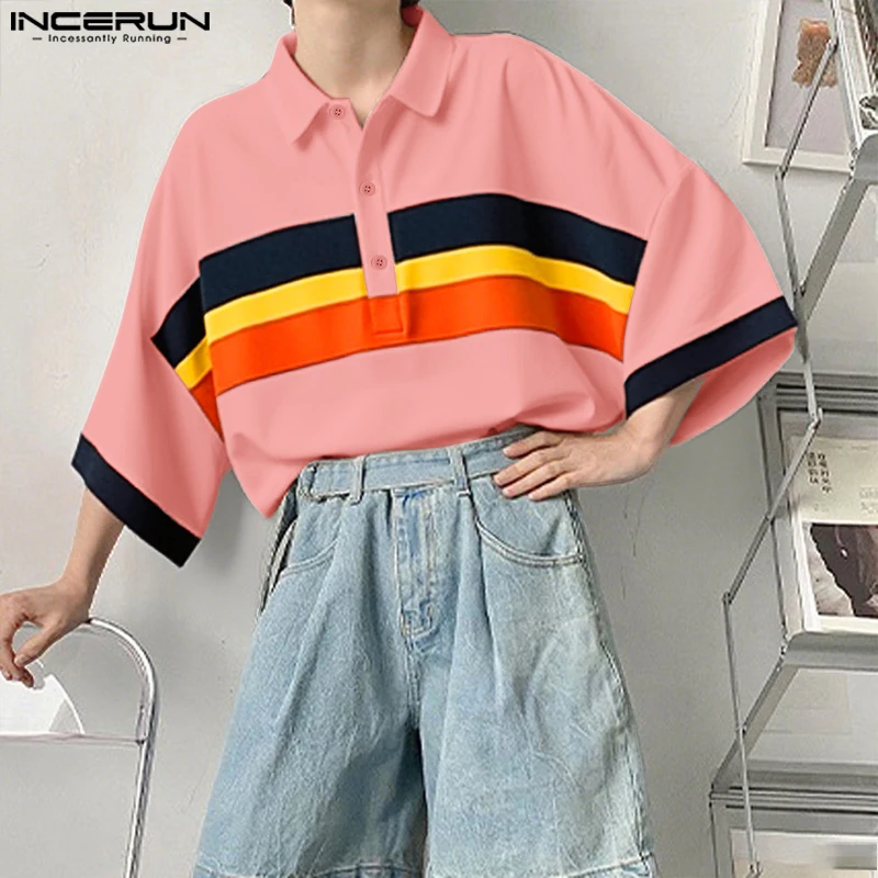 INCERUN Мужская рубашка в стиле пэчворк с цветными блоками и лацканами с коротким рукавом Свободная мужская одежда Уличная одежда Корейский стиль Модные повседневные мужские рубашки