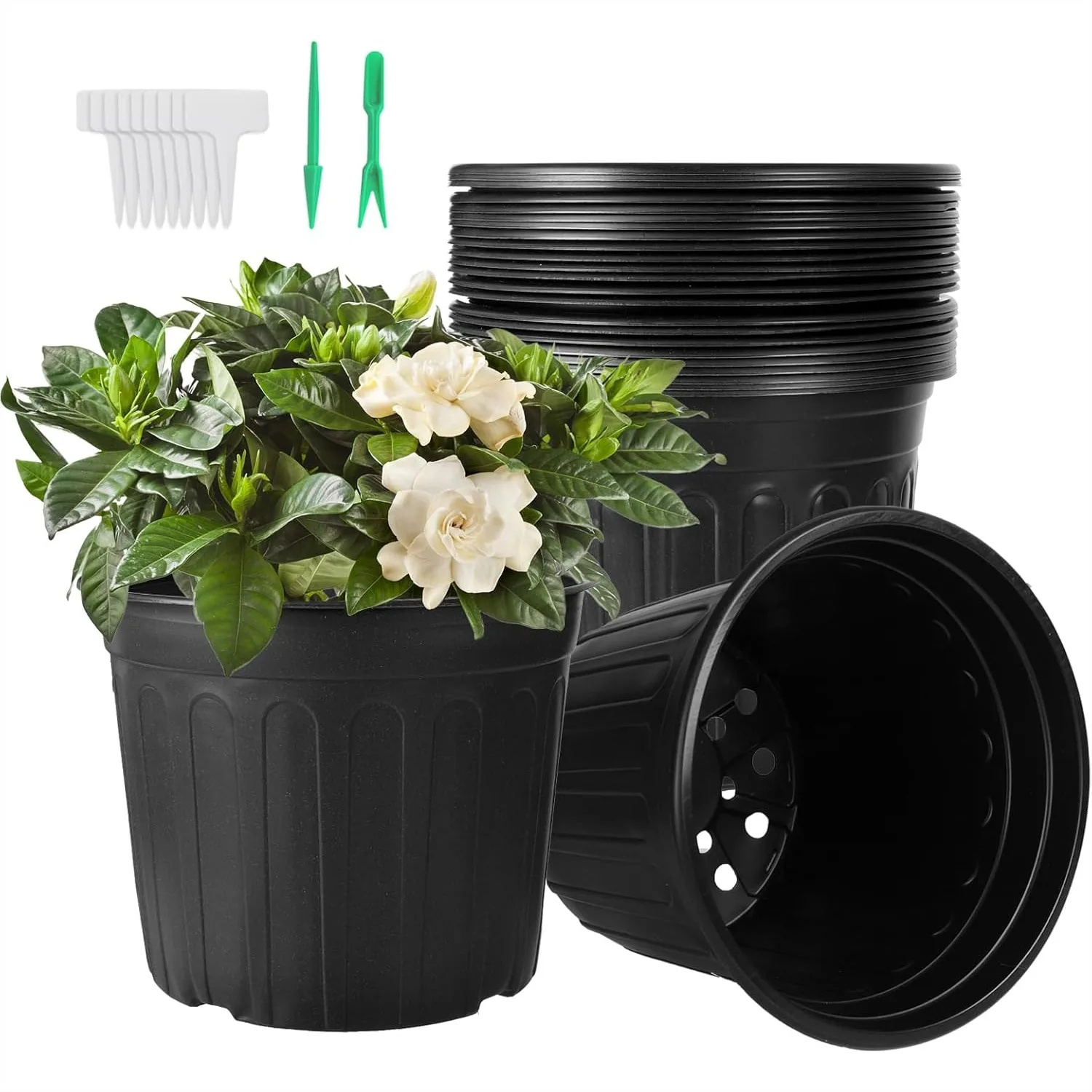 24 Pack 3 Gallon Nursery Pots with T-Type Tags and Transplanting Tools, Thickened Soft Black Plastic Plant Pots, Durable
