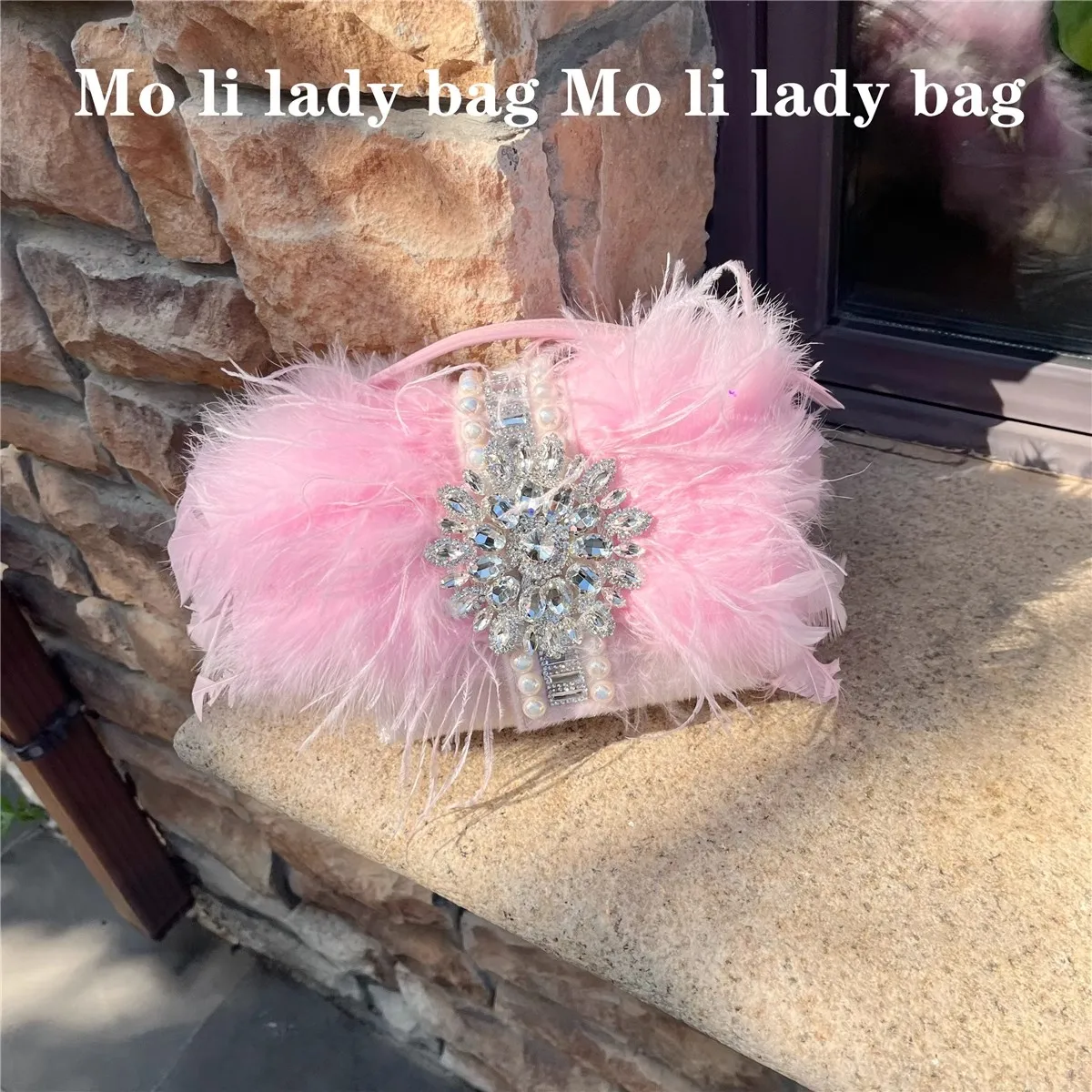 Autumn Winter Ostrich Feather Fashion Velvet Women Handbag Crystal Rhinestones Diamond Evening Bag Wedding Party Clutch Purse