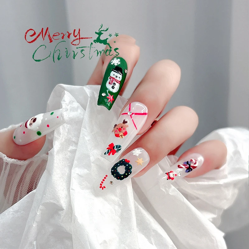 Adesivos de unhas de natal 3d alívio inverno floco de neve urso adesivo de unhas para mulheres e meninas papai noel adesivo de unhas arte decorstion