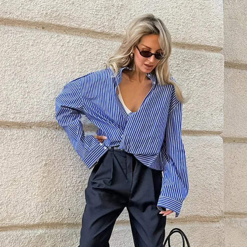 

Chic Women French Style Blue Striped Blouse With Unique Collar Design Long Sleeve Casual Oversized Shirt For Trendy Office Wear