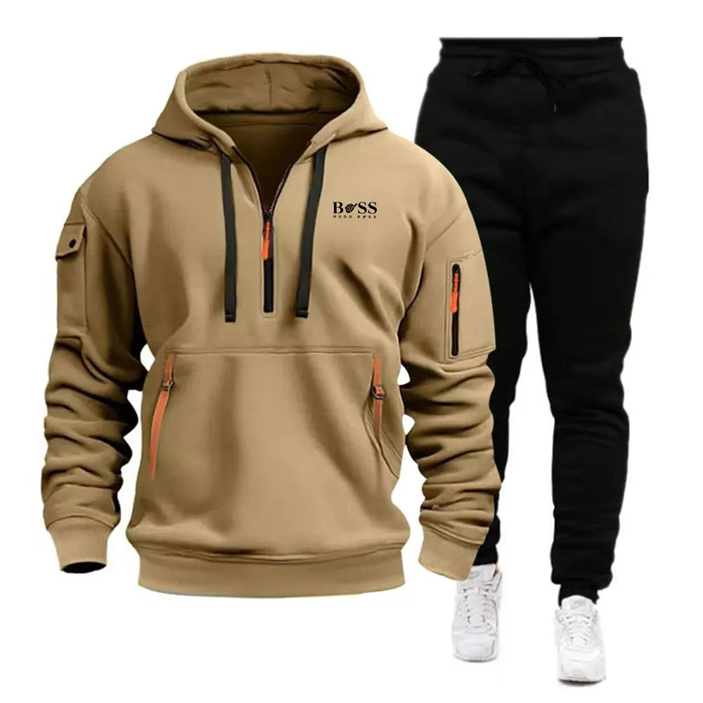 Autumn and winter fashion solid color zipper hoodie with black pants and stand collar design suitable for sports and casual