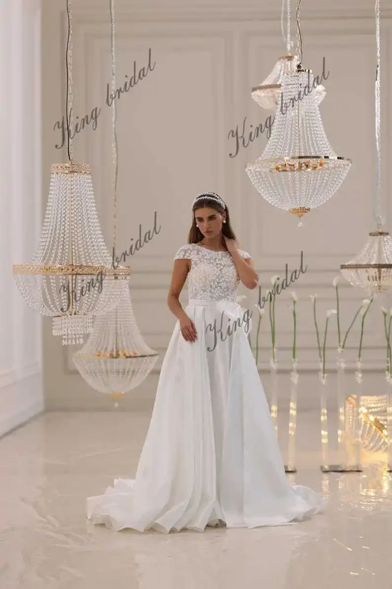 Simple Wedding Dress Floral Lace Wedding Dress Satin Skirt Corset Gown with Detachable Bow | A-Line Custom Bridal Gown