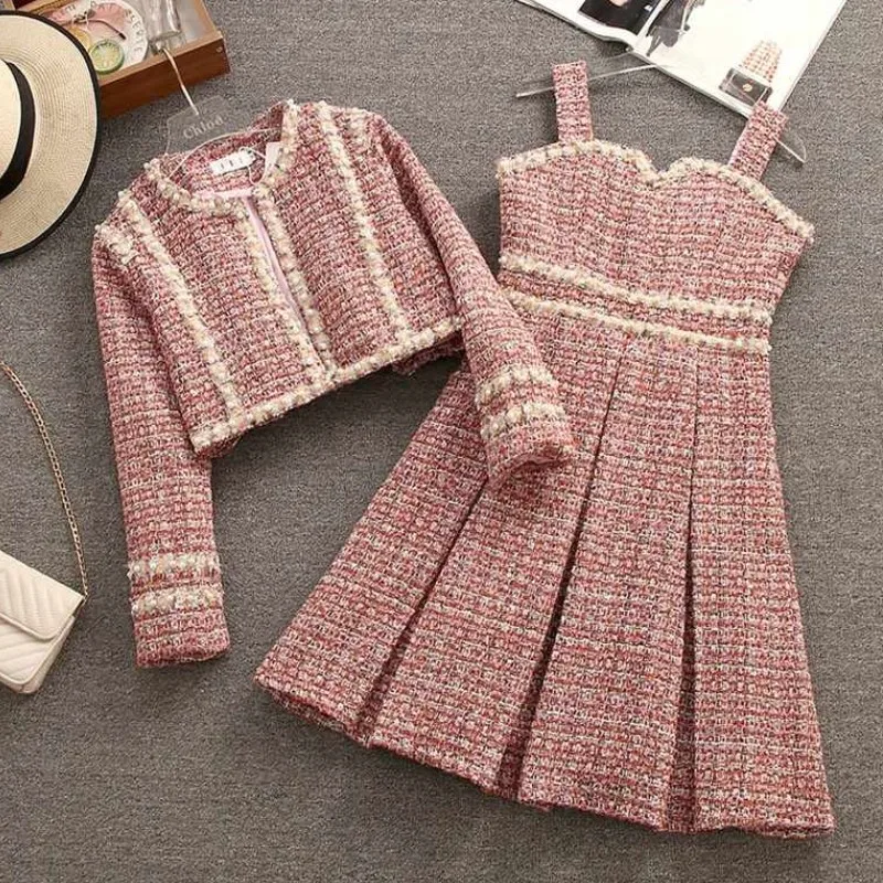 Women Formal Occasion Y2K Suit Pearl Jacke Coat And Dress Two Piece Set Luxury Outfit Winter Jacquard Tweed Fragrant Clothing