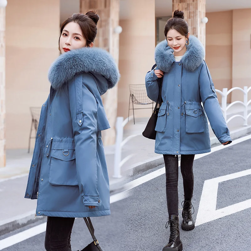 

2023 Winter Jacket New Korea Women Parkat Fur Collar Thick Warm Distachable Puffer Coat Clothes Long Wool Liner Hooded Jacket