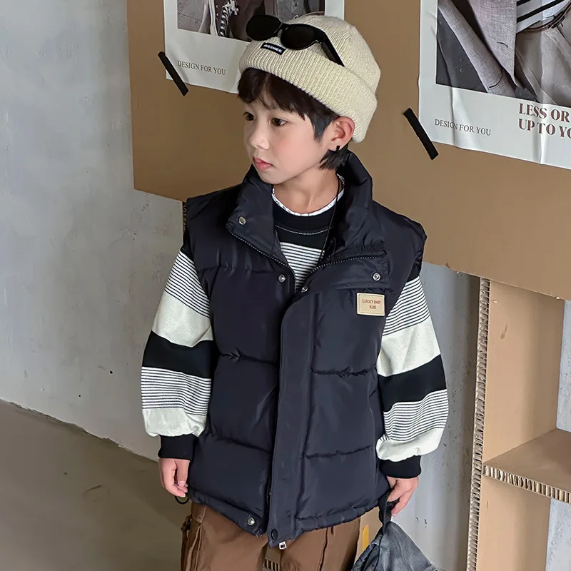 Children's Vest Boys Girls Autumn Winter Korean Thick Solid Color Zipper Stand up Collar Loose Warm Cotton Vest Jacket 3-14Y