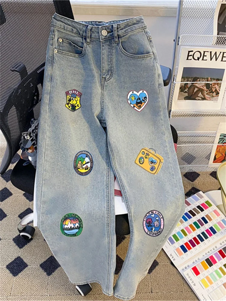 

Ретро американские повседневные джинсы с высокой талией и принтом для мужчин и женщин, летние маленькие размеры, свободные удобные утягивающие длинные брюки