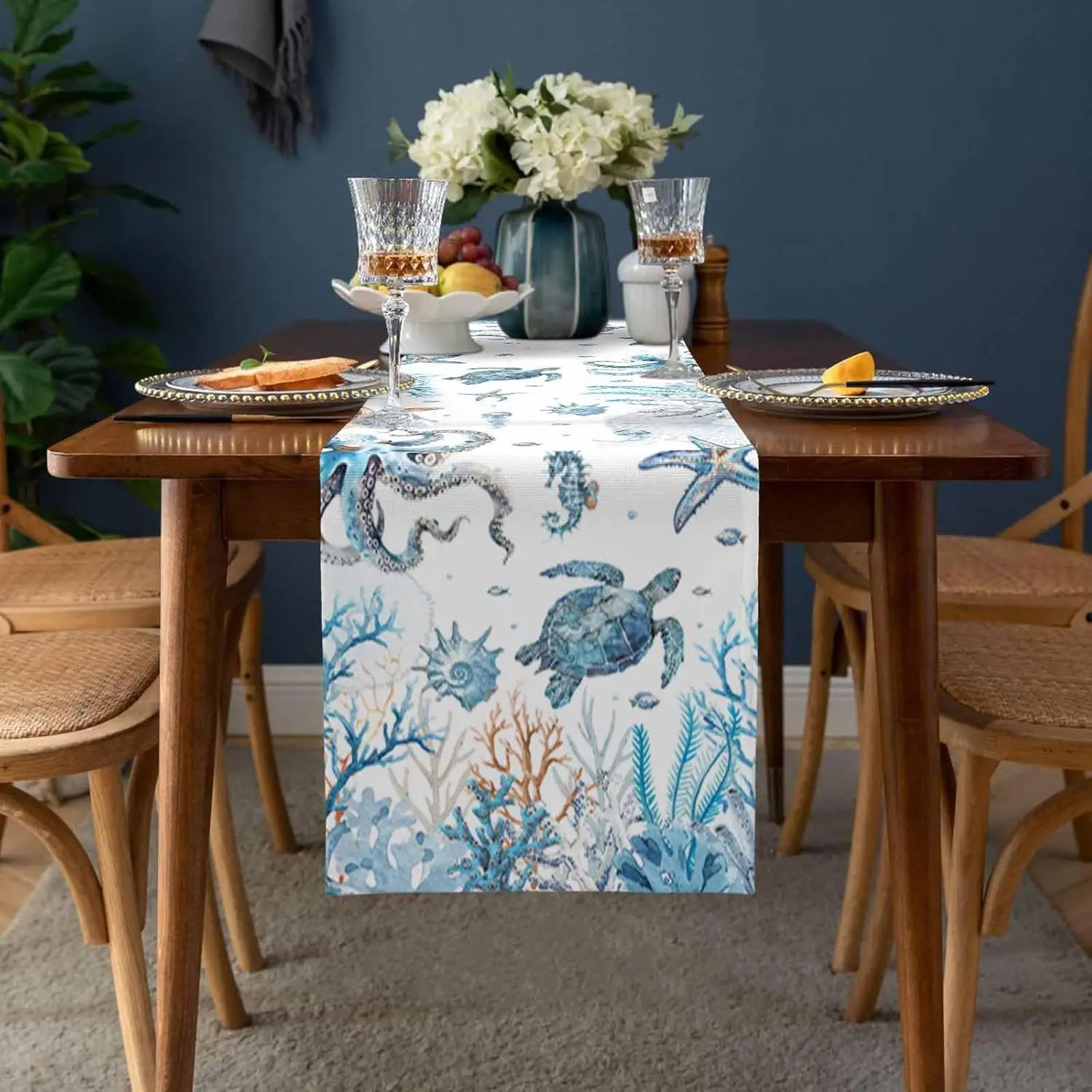 Nautical Coastal Turtle Coral Starfish Linen Table Runner Dresser Scarves Table Decor Farmhouse Kitchen Table Runner Party Decor