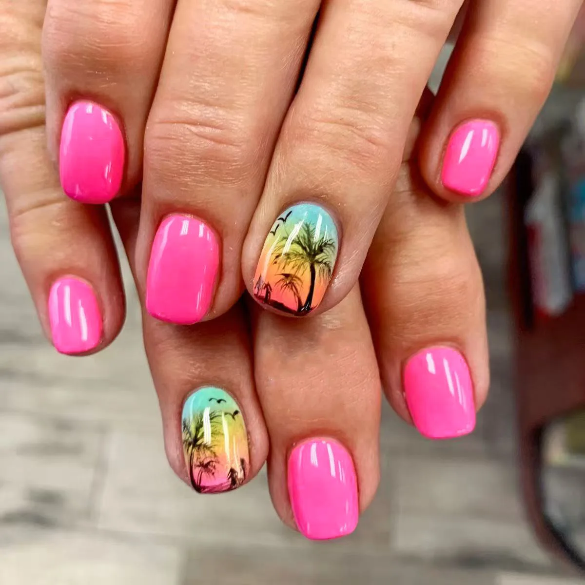 

24pcs Summer Square Nails Sets Press on Pink Sweet Reusable Short Ballet Fake Nails Tip Coconut Tree Pattern Stick on False Nail