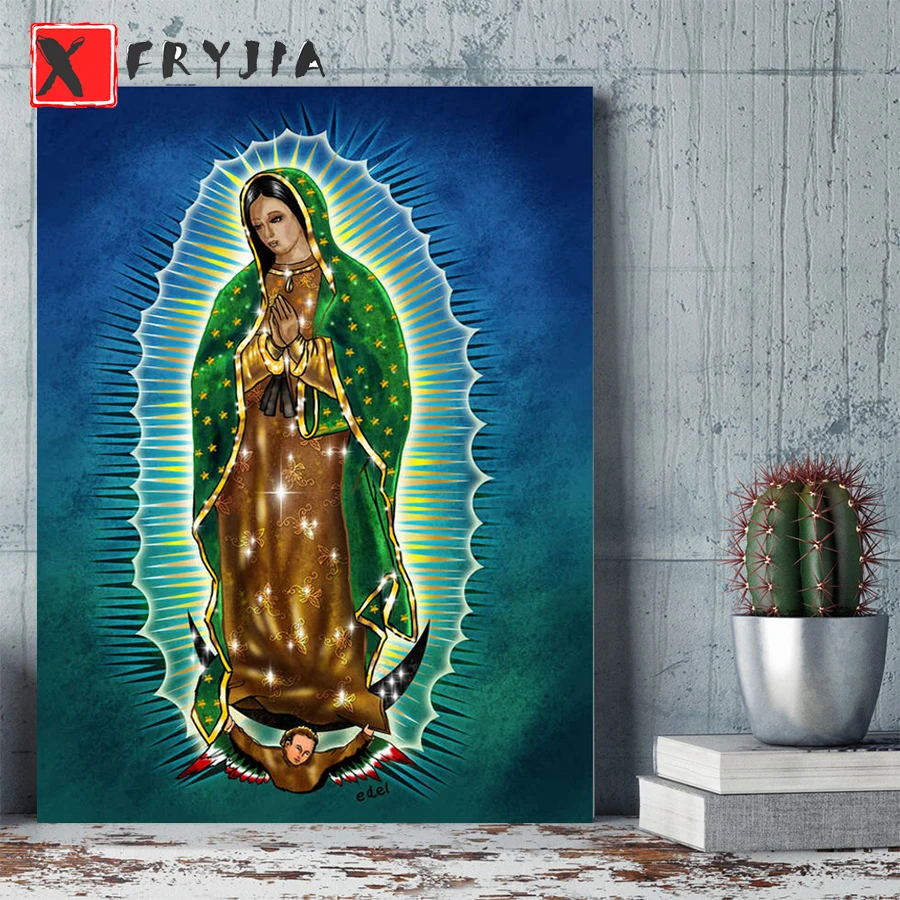 Full Square Round Mexico Guadalupe Virgin Mary Embroidery Green Light DIY Diamond Painting Cross Stitch Lady Religion decor