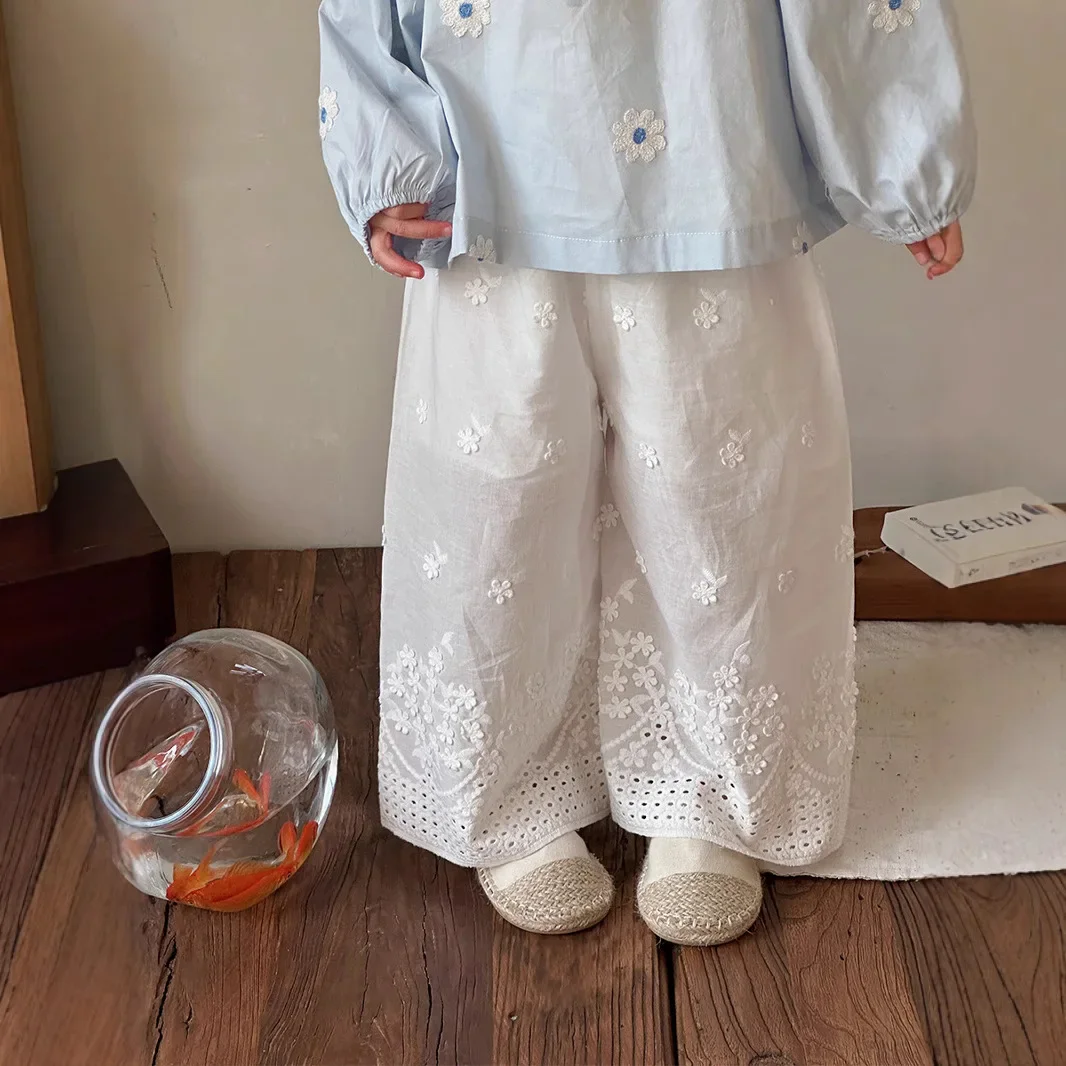 

Girls Straight Leg Pants Spring New 2025 Korean Fashion Lace Solid Color Lace All-match Wide Leg Pants