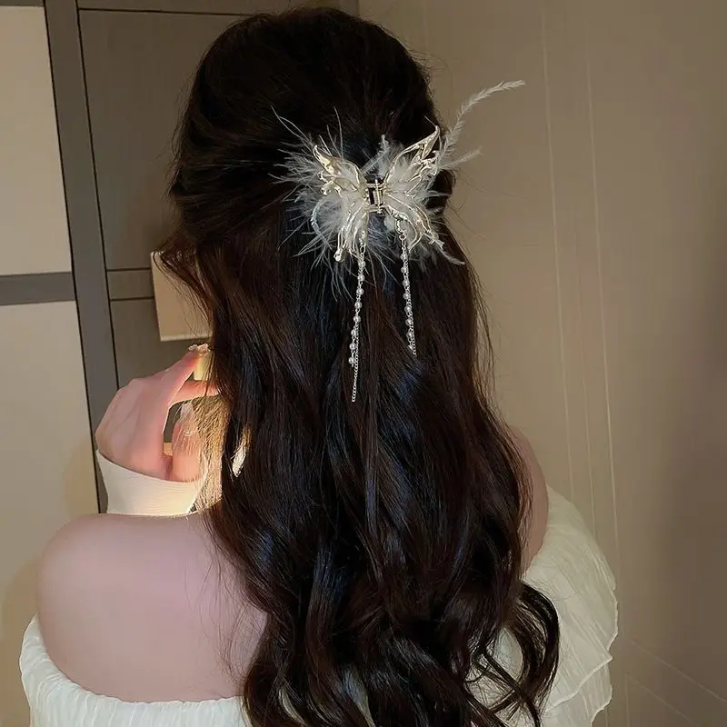 Butterfly Feather Pearl Tassel Hair Clip with Super Immortal Style Back Head Spoon Clip Personalized Shark New Style