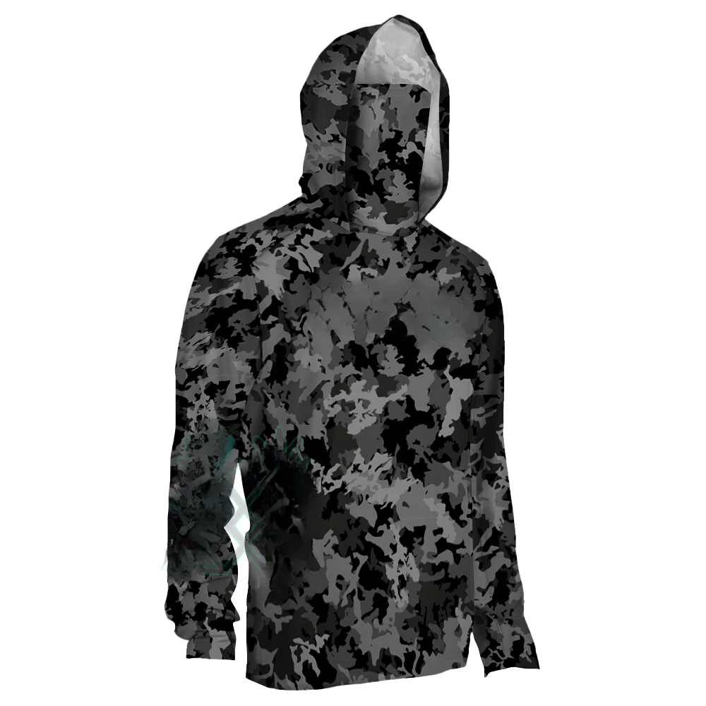 UPF50+ Hooded Fishing Shirt With Built‑in Face Cover 3D Print Unisex Dark Grey Camo Quick‑Dry Anti‑UV Outdoor Fishing Hoodie