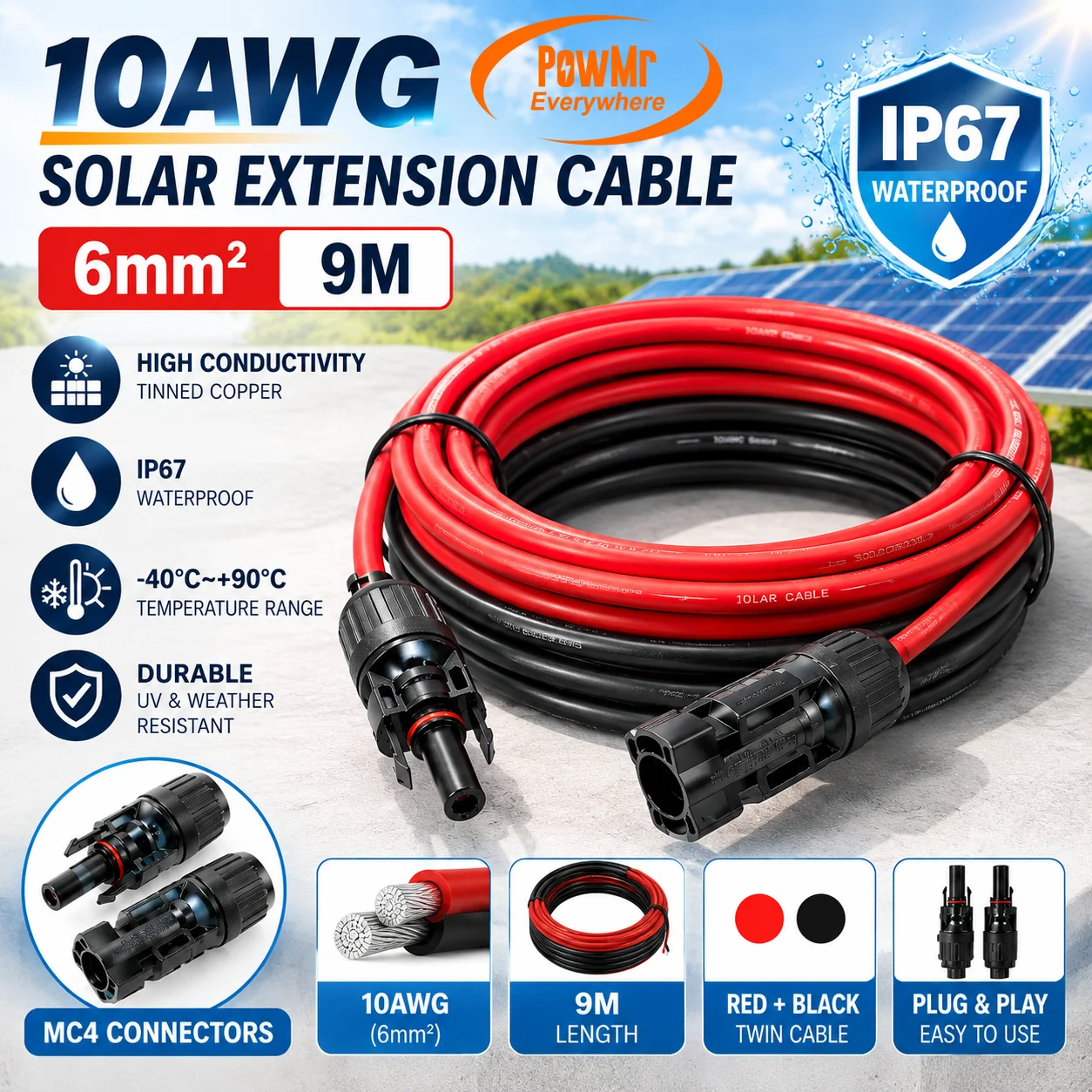 PowMr Solar Extension Cable 10AWG 6mm² 9M Red Black With MC4 Connectors IP67 Waterproof Tinned Copper PV Wire For Solar Panel RV Off Grid System