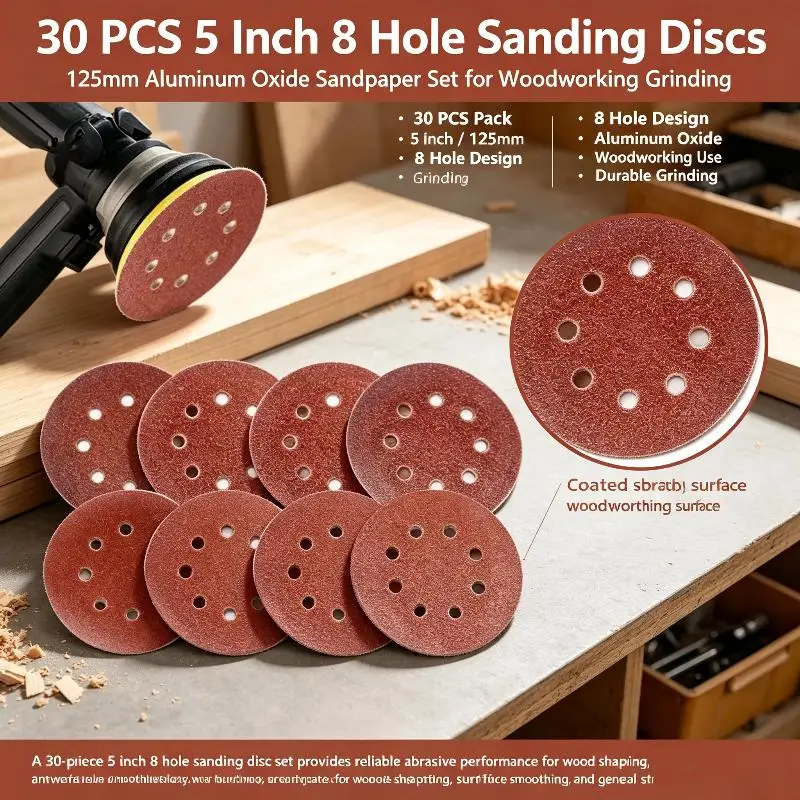 30PCS Universal 8 Hole Sanding Discs 125mm Sandpaper For Metal Wood Glass Sander Polishing Pads Home Abrasive 60~240 Grit