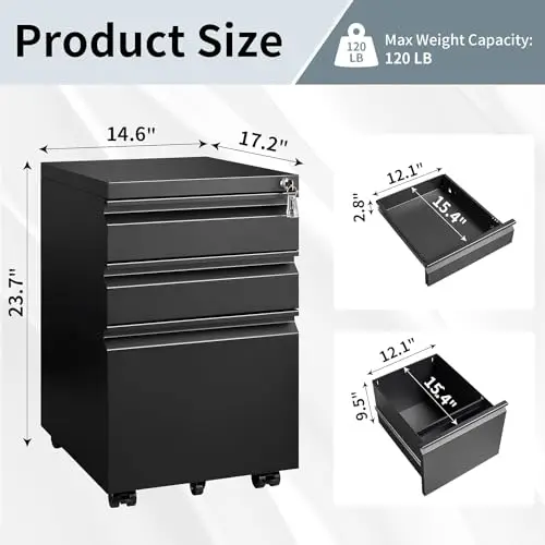 Filing Cabinets for Home Office, Mobile File Cabinet with Lock, 3 Drawer Filing Cabinet for A4/Letter/Legal Size