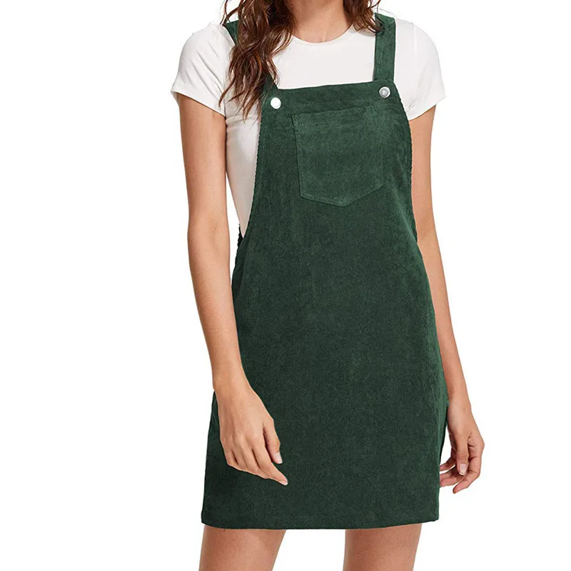 Women's Cute Corduroy Overall Bib Dress Sleeveless Loose Pinafore Suspender Mini Dress Skirt Jumper