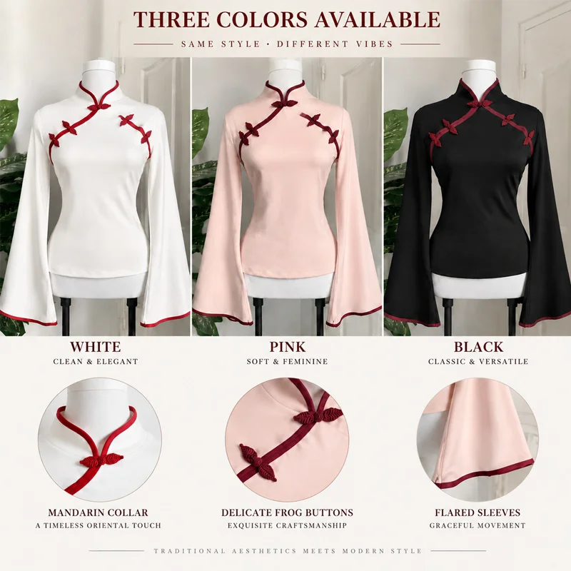 Women New Chinese Style Improved Cheongsam Blouse Mandarin Collar Frog Buttons Flared Long Sleeve Slim Elegant Top 3 Colors