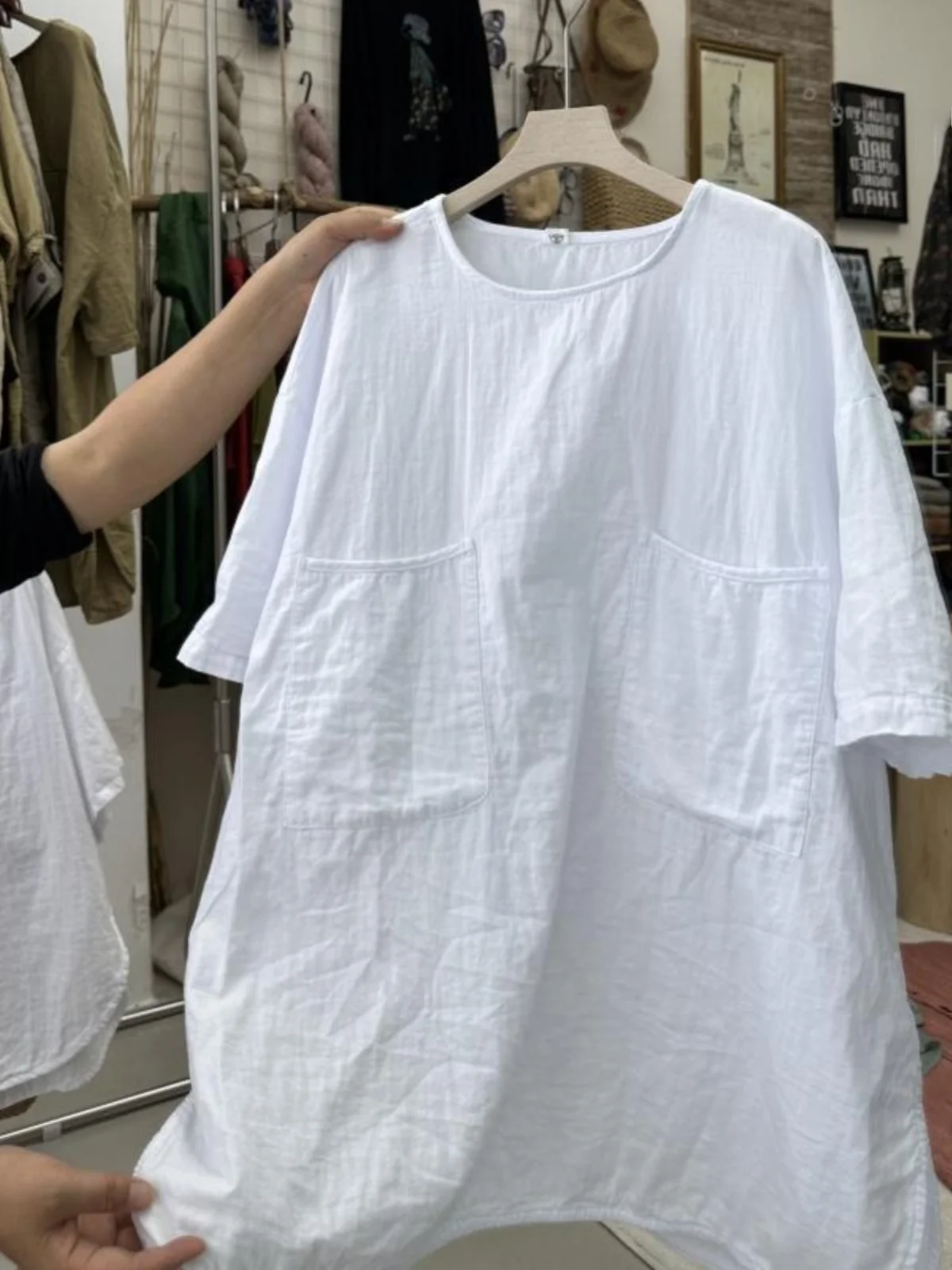 

Женская футболка средней длины, новая летняя винтажная свободная большая версия, повседневная льняная футболка из чистого хлопка, закрывающая живот Dr