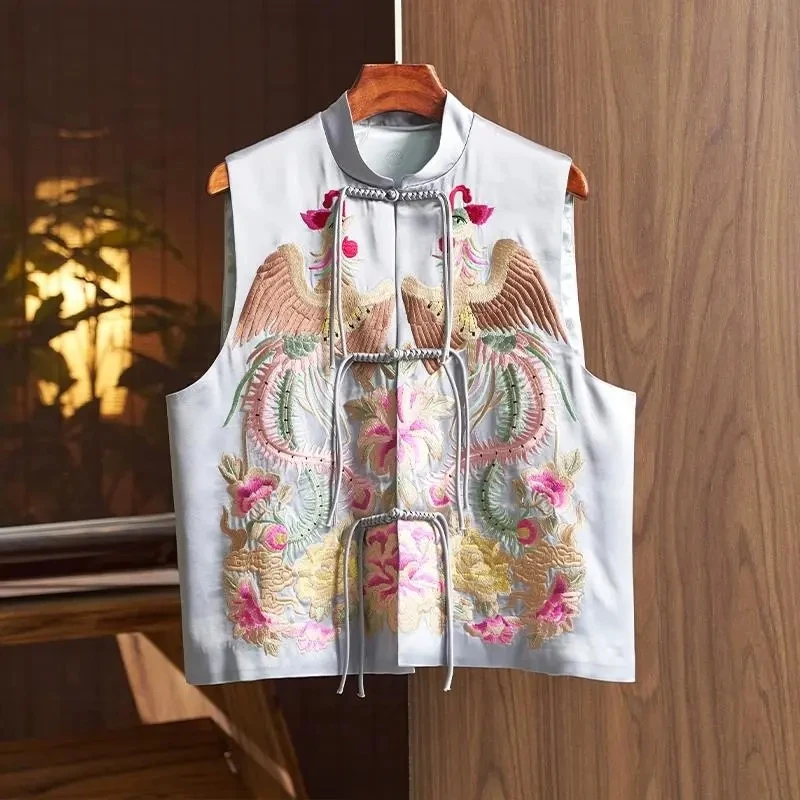 Chinese Style National Tide Wind Acetic Acid Phoenix Embroidered Waistcoat Female 2024New High-grade Touch Plate Button Vest Top