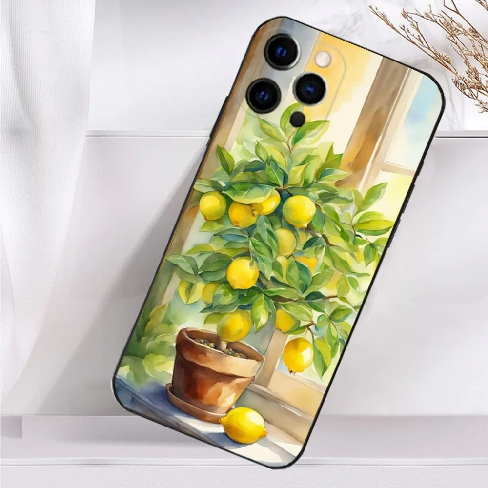 Fruit lemon Painting Phone Case For iPhone 16,15,14,13,12,11 Plus,Pro Max,XS,X,XR,SE,Mini,8,7 Soft Silicone Black Cover