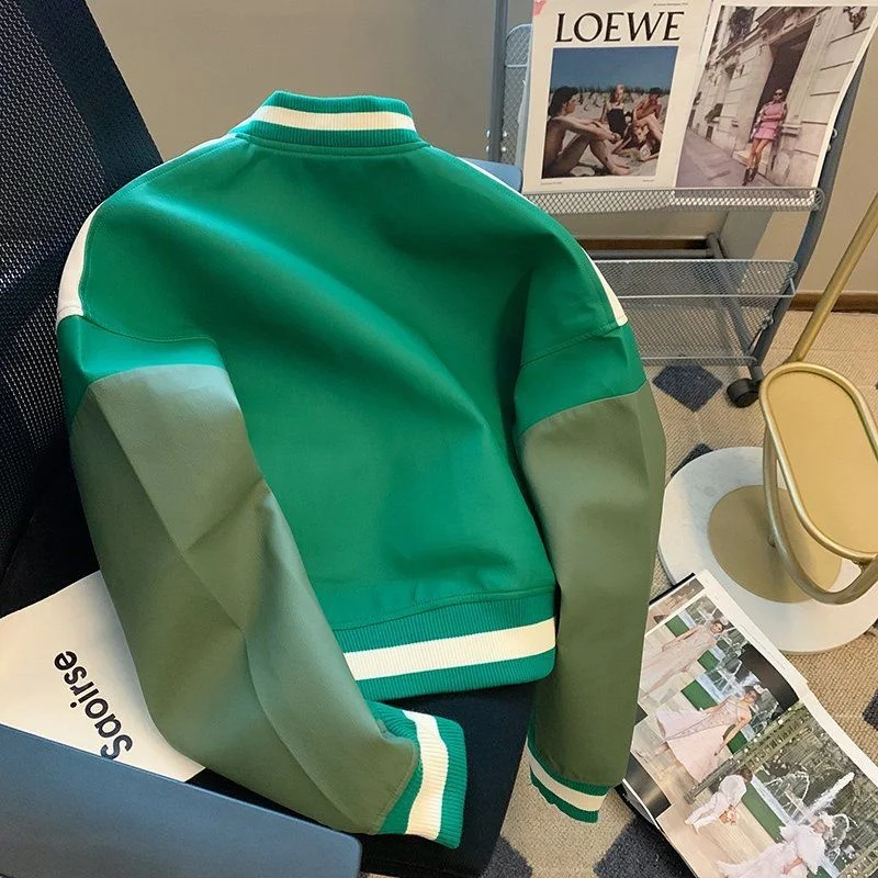 Baseball Green Leather Jacket Women Spring Autumn Chic Fashionable Motorcycle Style Short PU Coat Trend