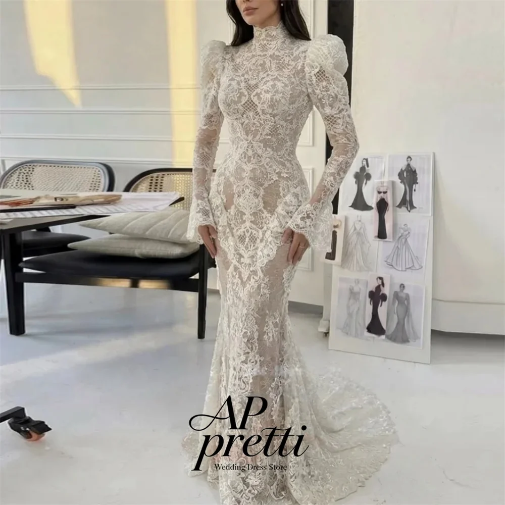 AP pretti 2026 Customized Modern High Neck Lace Wedding Dresses For Woman Puff Long Sleeve Mermaid With Train Bridal Gown