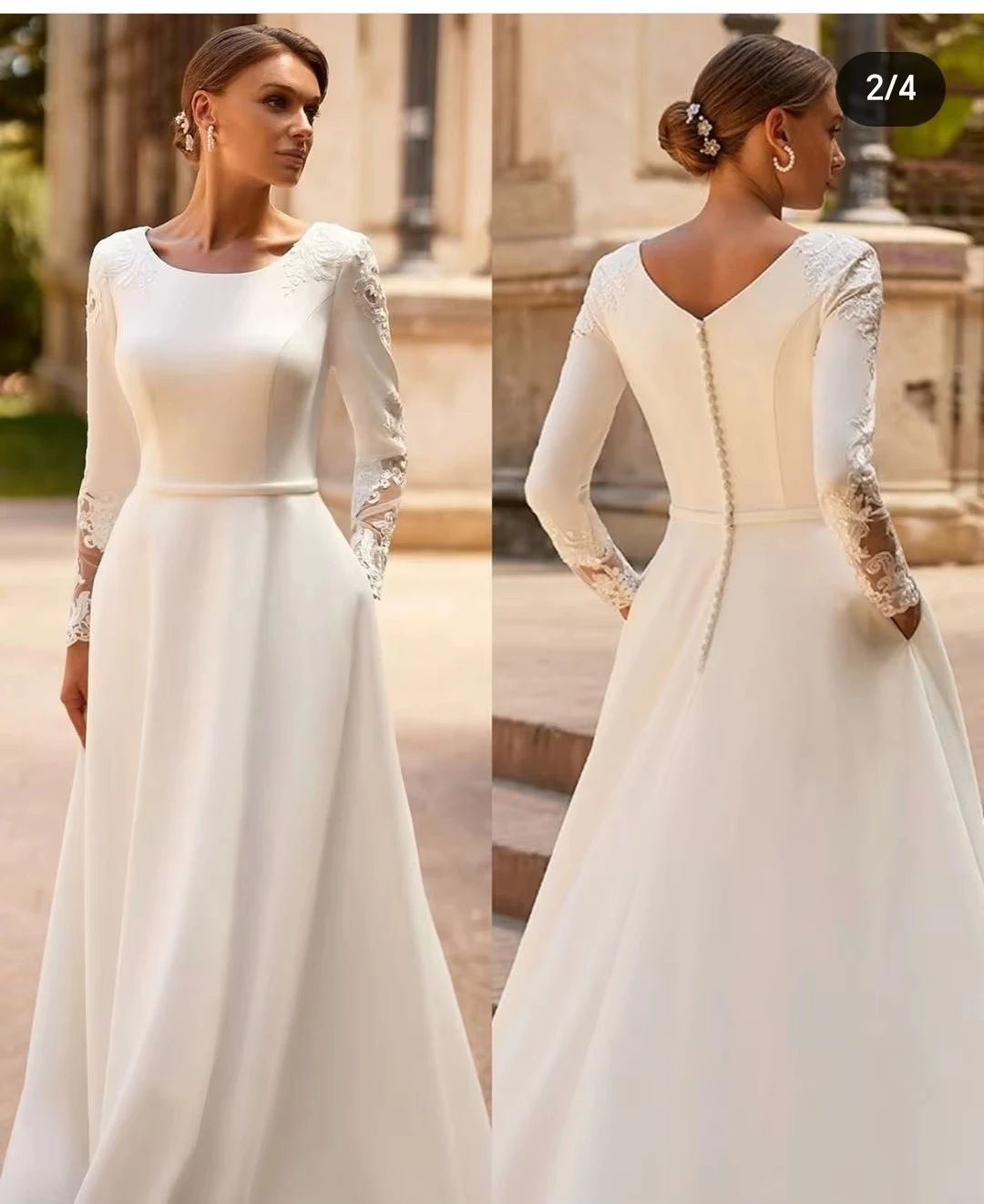 Women Wedding Dresses Customize To Measures Long Sleeves Buttons Elegant Robe De Marie Stunning With Pocket Lace Appliqués
