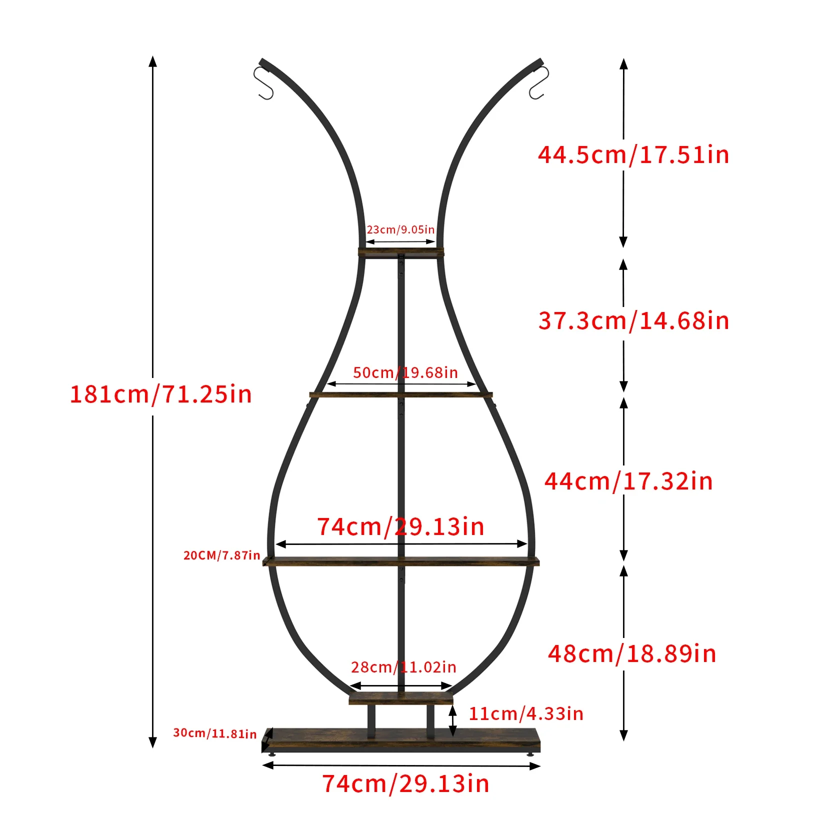 Vase Shape Tall Planter Display Rack Metal Garden Plant Stand with 5 Tiers and Hangers