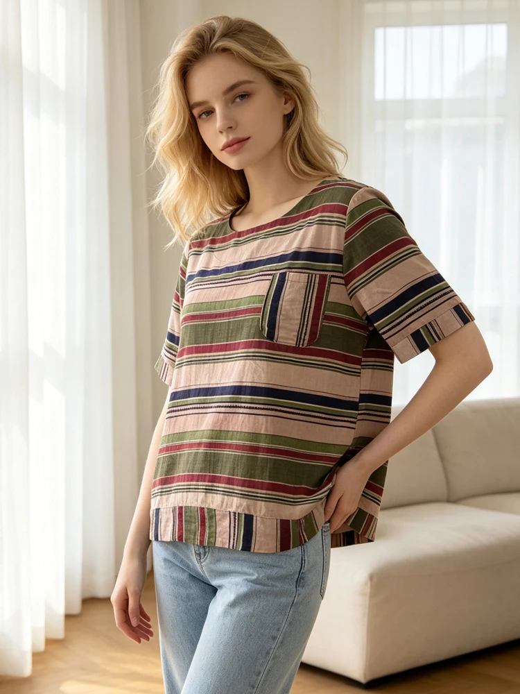 2026 Vintage Women's Short Sleeve Striped T-Shirt Round Neck Loose Fit Casual Top Summer Loose Fit Tshirt for Daily Life