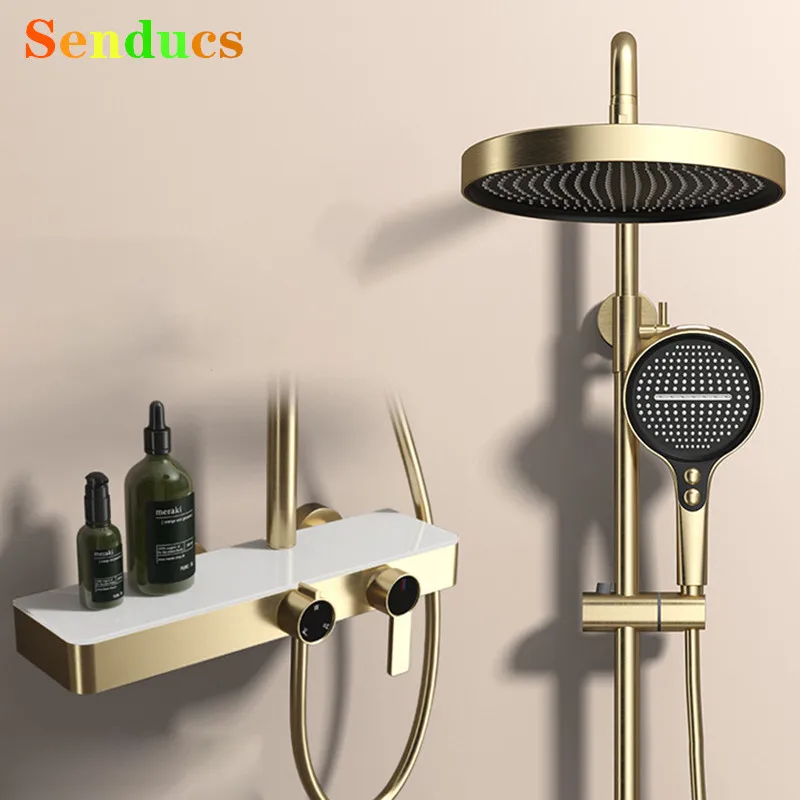 Brushed Gold Bathroom Shower Set Quality Brass Hot Cold Bathroom Shower System Faucet Accessories 10 Inch Rainfall Shower Head