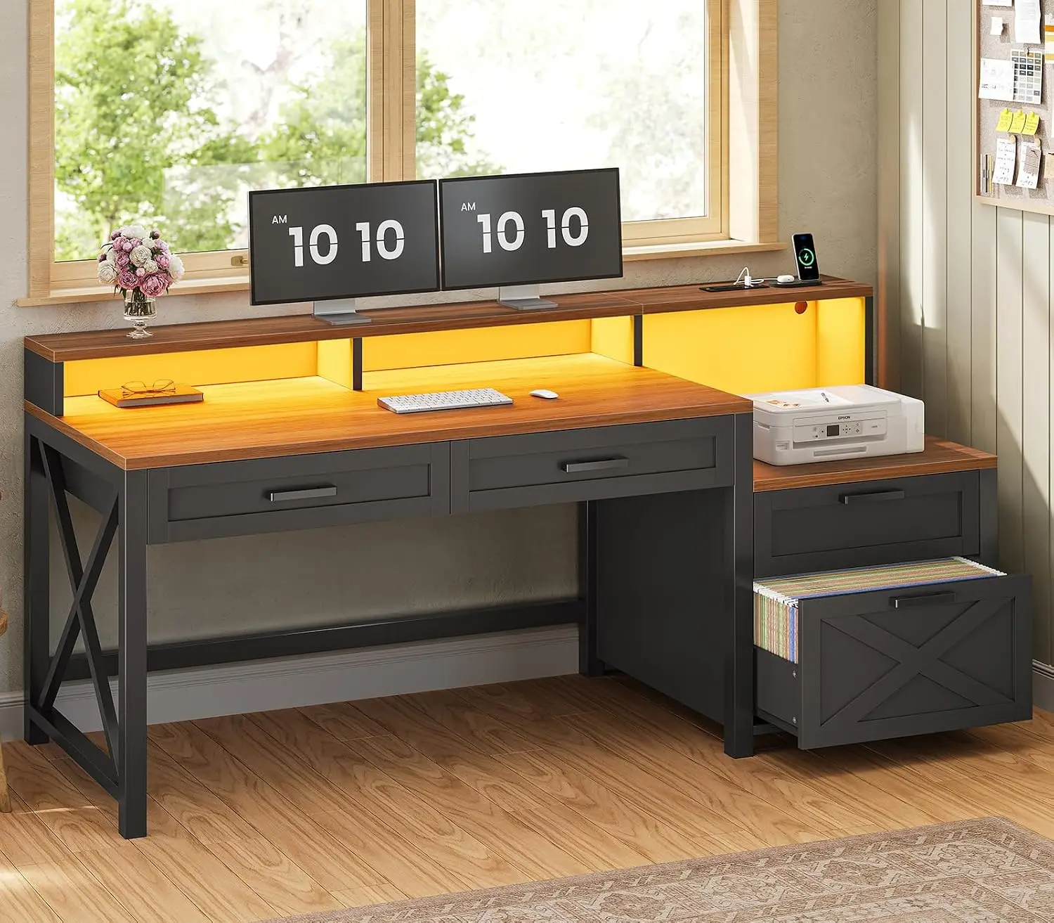 Farmhouse Computer Desk with File Drawer & Printer Storage, Black Brown, Customized