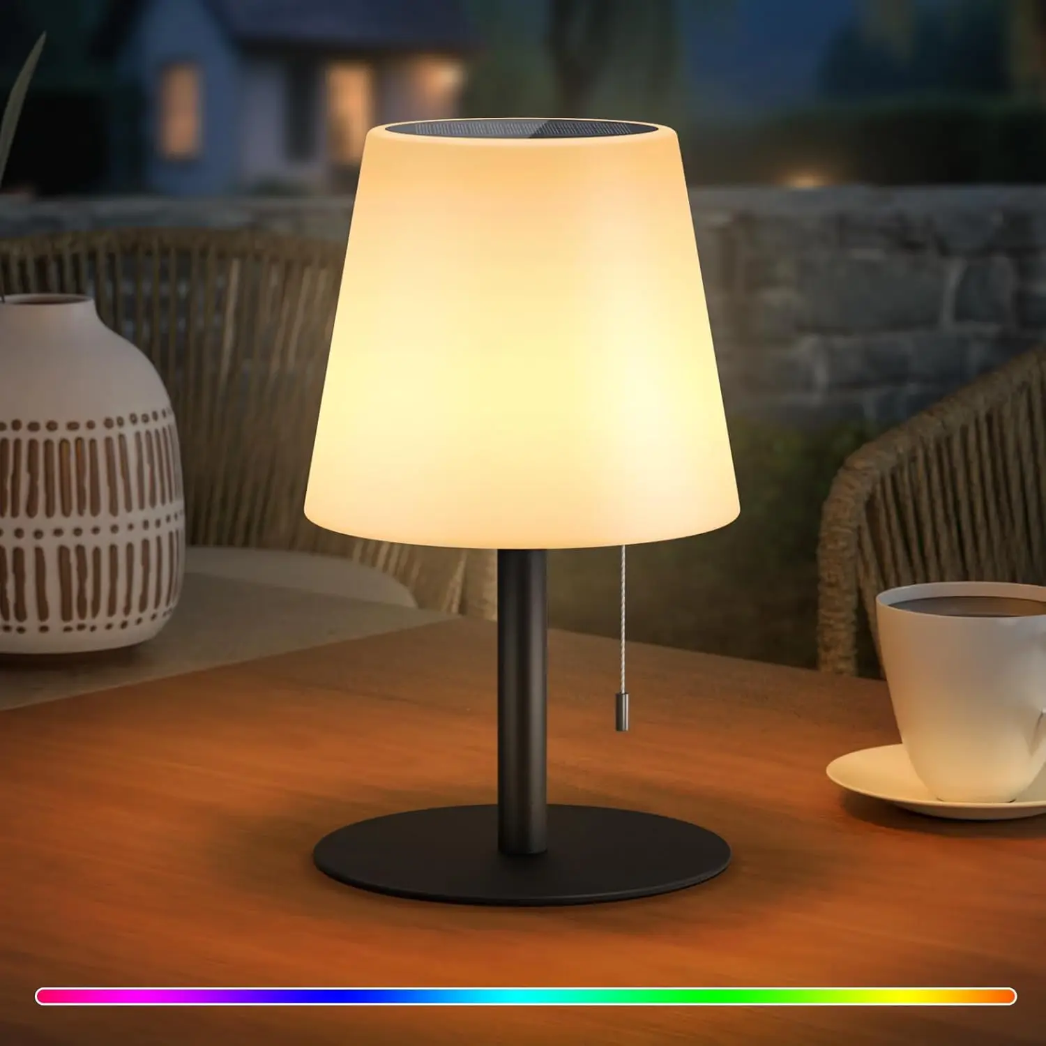 مصباح طاولة يعمل بالطاقة الشمسية، ضوء خارجي قابل لإعادة الشحن مع ألوان بيضاء دافئة وRGB، مقاوم للماء للفناء والشرفة - P