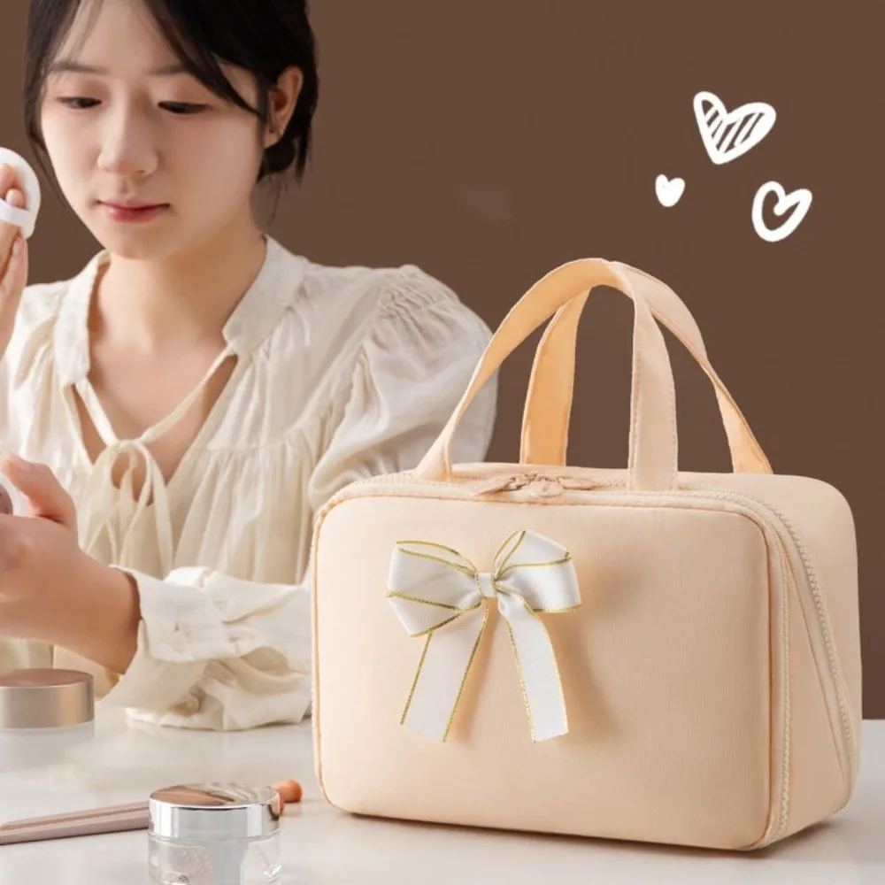 Bow Cosmetic Storage Bag Solid Color Large Capacity Toiletries Storage Pouch Multi-Functional Dustproof Travel Makeup Handbag