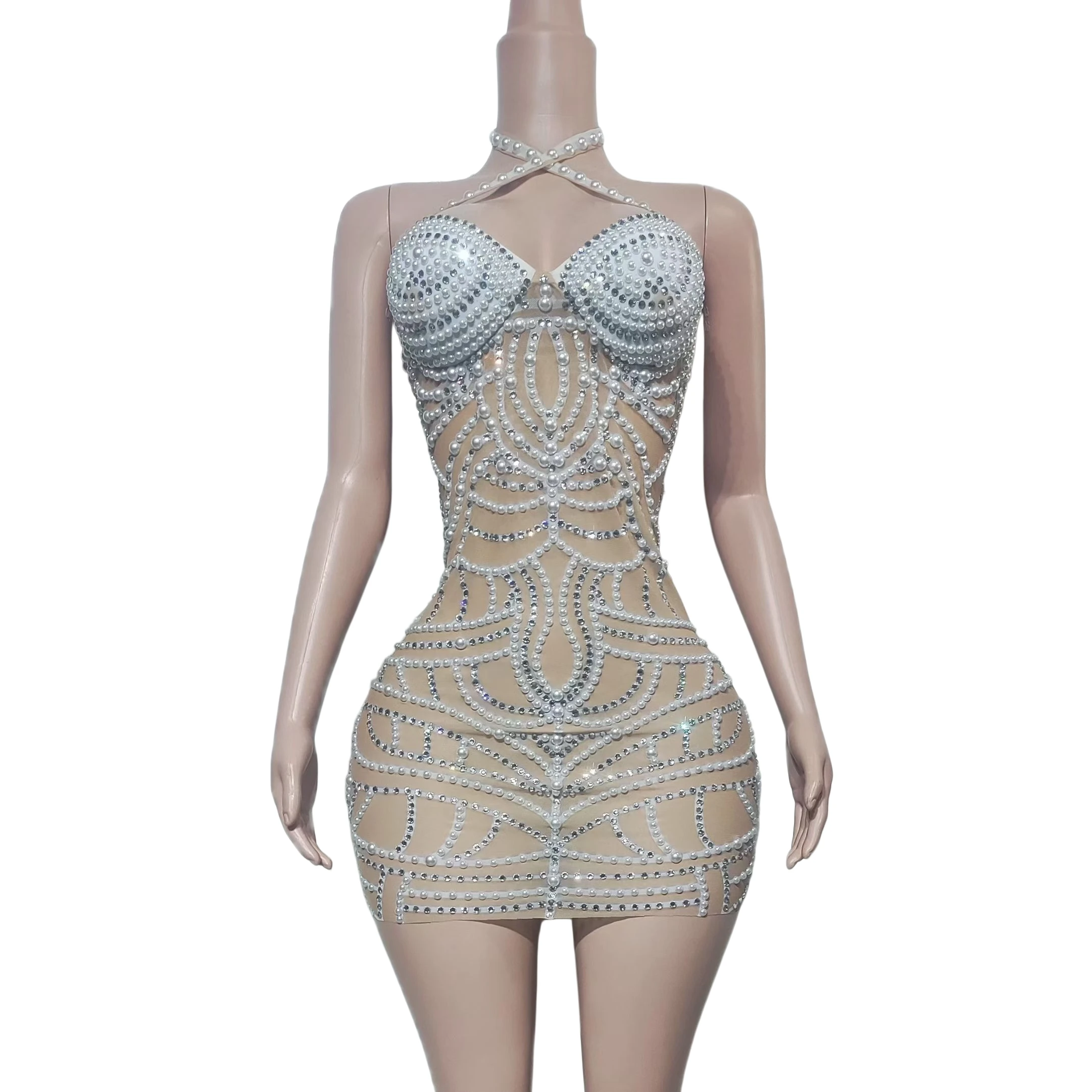 

Party White Pearls Crystals Sparkly Tight Fitting Mini Dress High-end Spandex Fashion Sexy Women Low-cut Cocktail Dress Zhenzhu
