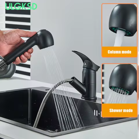 Matte Black 360° Rotation Pull Out Brass Faucet Hot And Cold Water Mixer Sink Tap Wide Single Handle Kitchen Faucet Deck instal