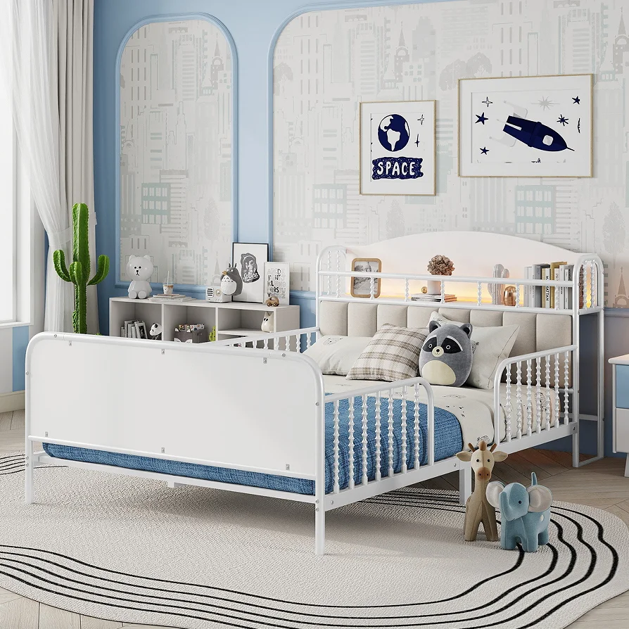 #Modern Full Size Metal Platform Bed Frame With Light Kids Adjustable Bed With Eco-Friendly Upholstered Storage Headboard