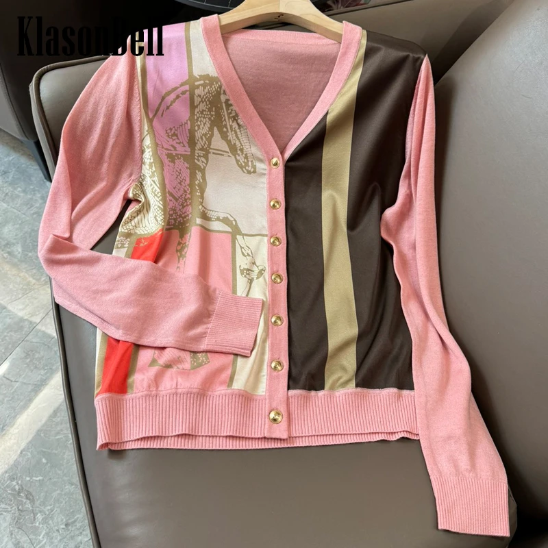 

4.15 KlasonBell Horse Print Silk Spliced Color V-Neck Single Breasted Knit Cardigan Women Loose Casual Thin Knitwear Top