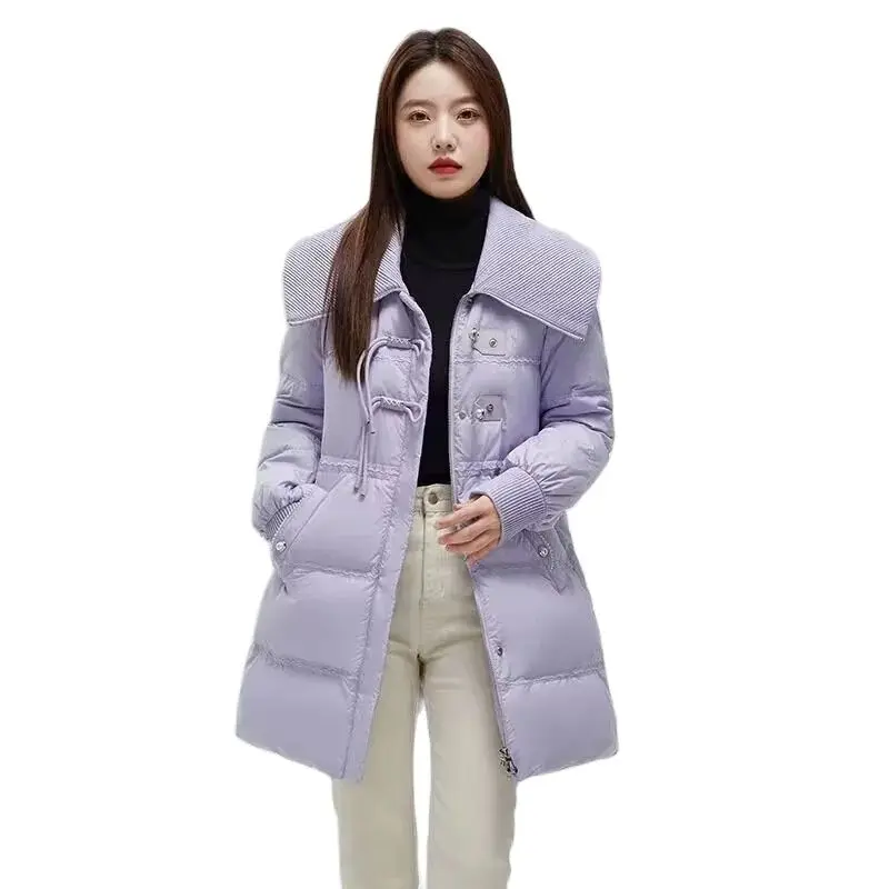 

Explosions Down Women's Winter 2023 New Fashion Western Style Waist White Duck Down Large Lapels Temperament Long Coat.