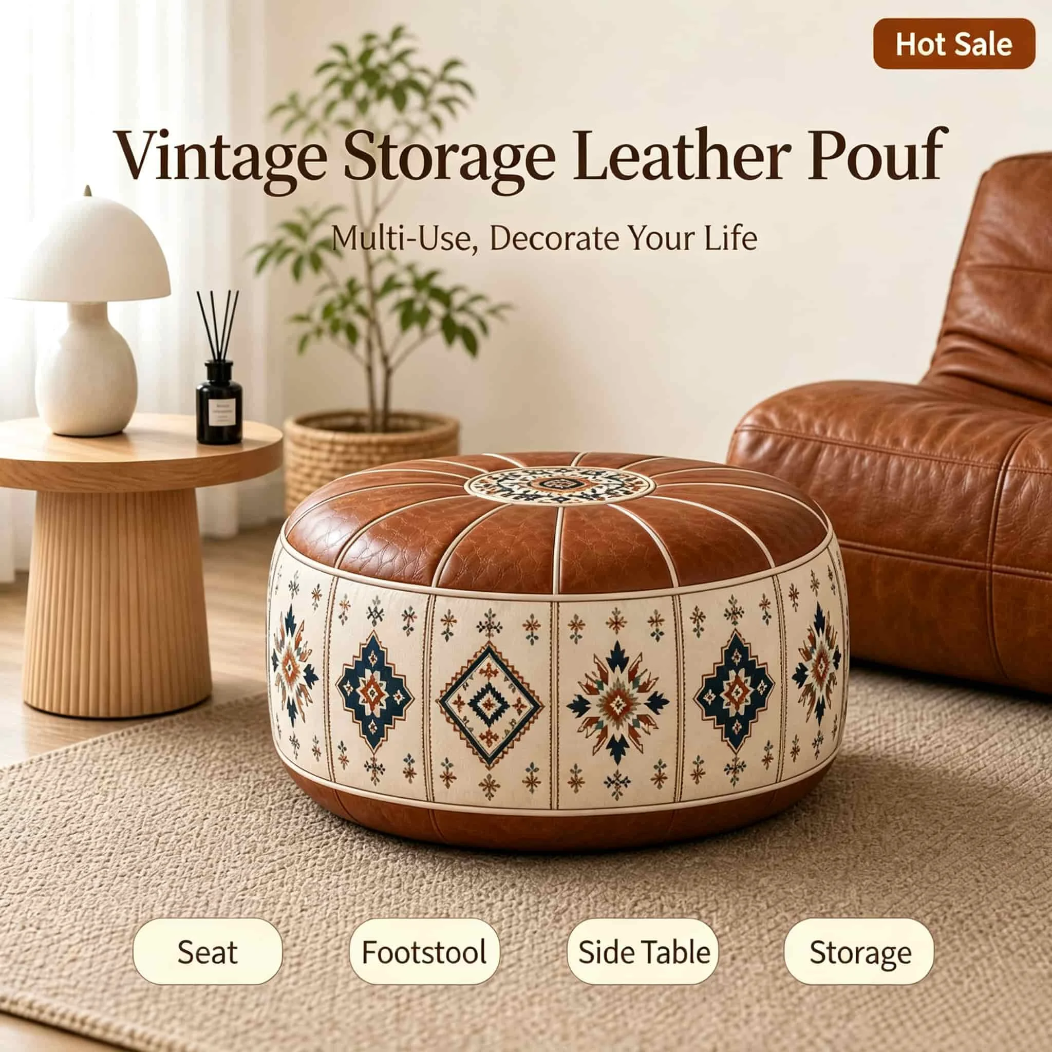 Boho Pattern Ottoman Pouf Fillable Design Large Opening Storage Ottoman PU Leather Water Resistant Floor Seat Cushion
