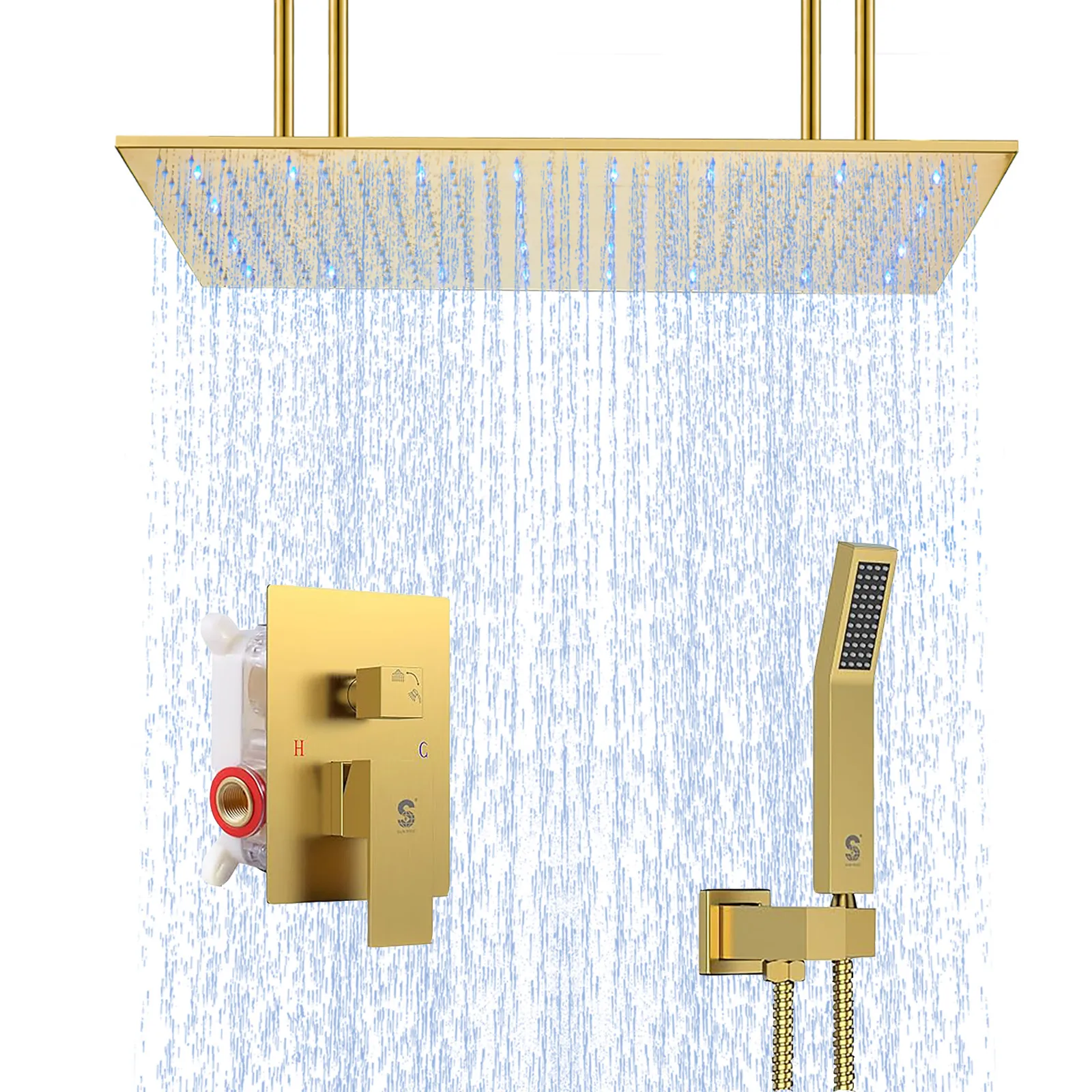 

16x32-inch Brushed Gold Luxury Ceiling Rainfall Shower Head Set w/ Handheld