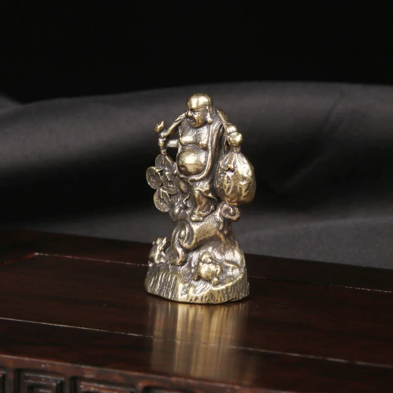 Antique Brass Caifu Shuang To Maitreya Buddhist Tabletop Decoration Nafu Arhat Wenju Home Decor Items