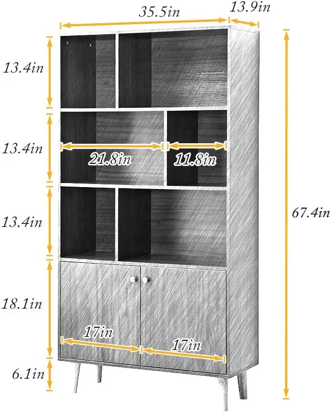 Bookcase with 2 Doors, Shelf Organizer for Display, Wooden Bookshelf Library with 6 Storage Cabinet for Home Office (Gray