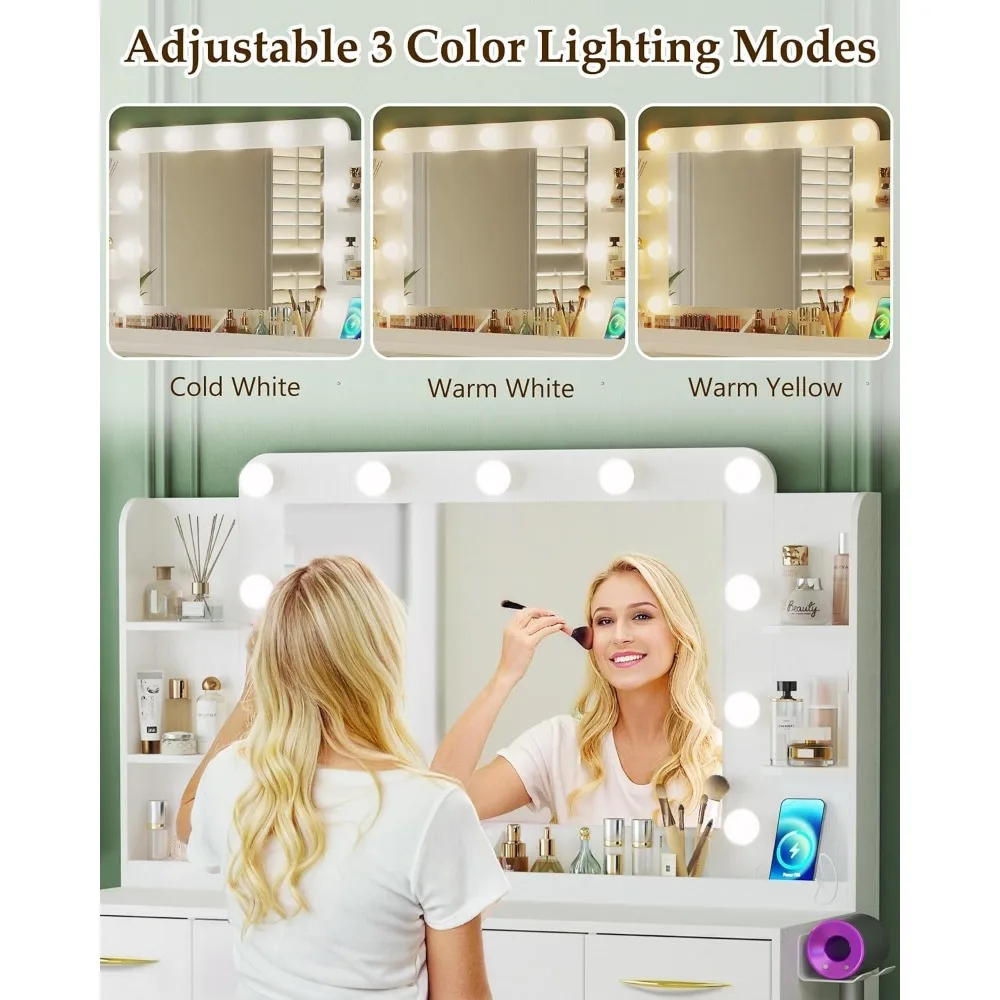Make-up table with mirror and light, 3 model set-ups, with power socket, with 5 drawers, 2 cabinets, shelves, white image 3
