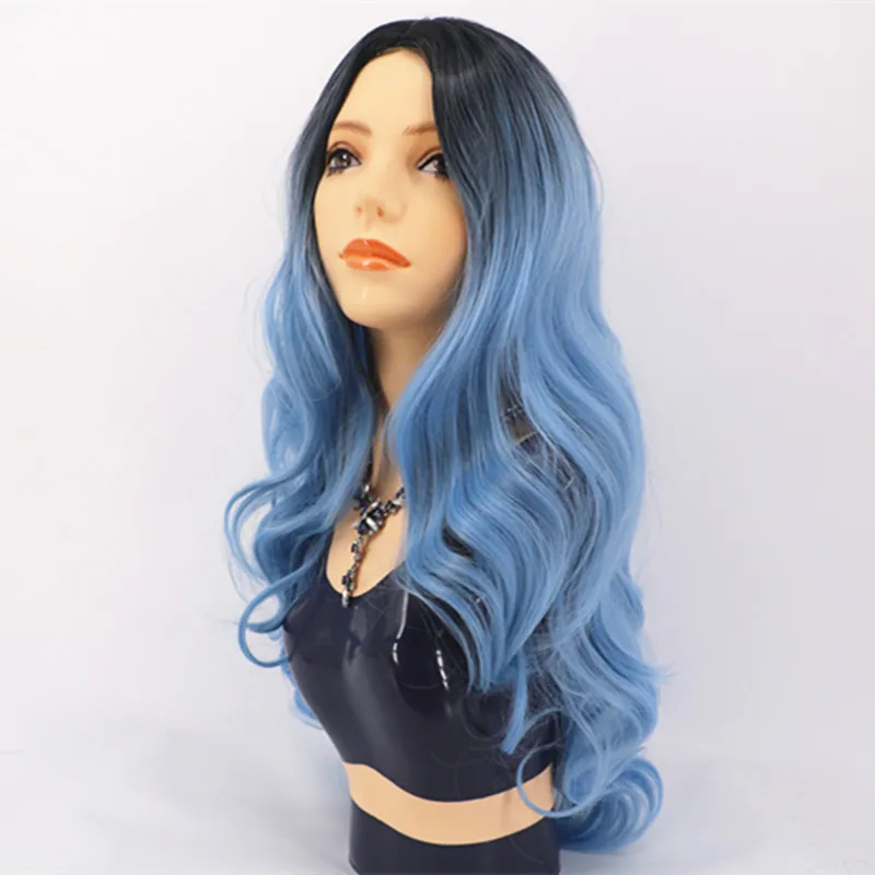 Elegant water ripple design fog blue wig, suitable for wearing at friends' gatherings, long hair